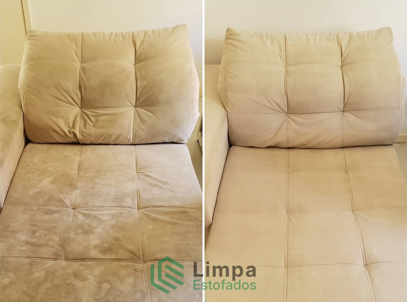 Antes e depois de higienização de sofá bege